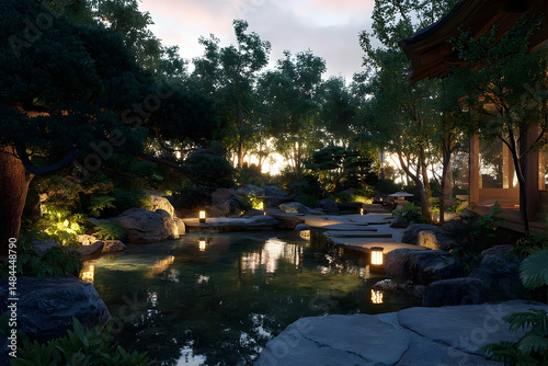 Tranquil evening garden scene with illuminated pathways.