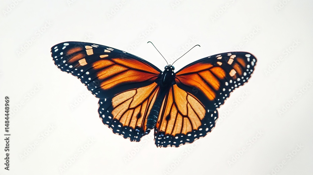 Obraz premium Elegant monarch butterfly in mid flight glowing orange and black wings captured with a soft focus effect on a bright white background overlay cut out on isolated transparent removed background