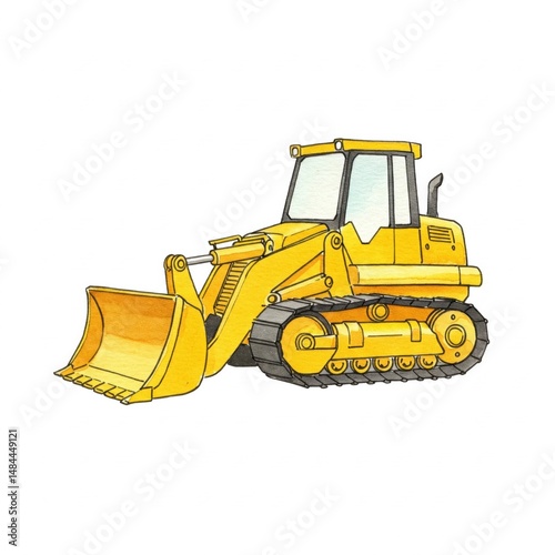 A yellow bulldozer with tracks and a front loader is illustrated on a white background.