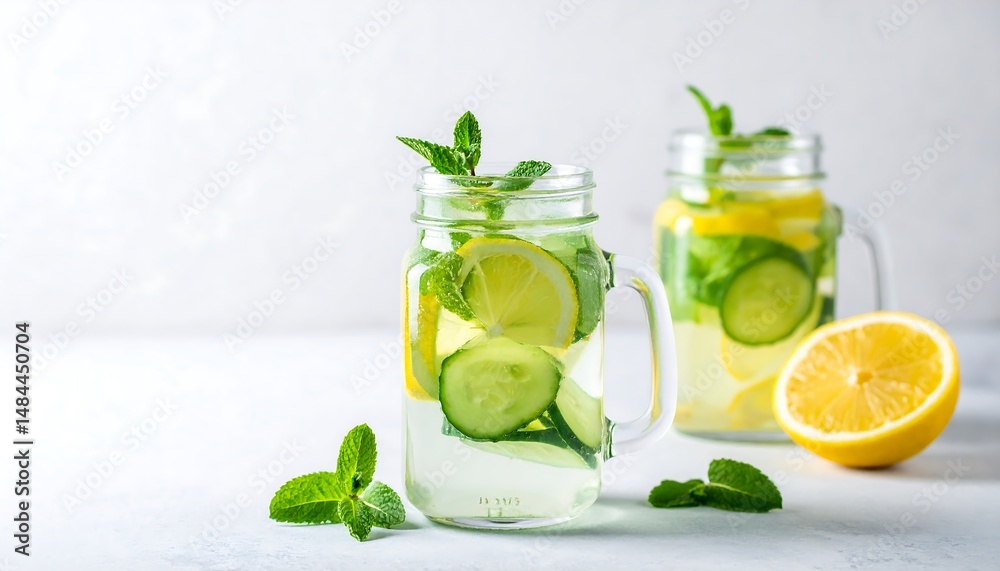 Fototapeta premium Detox water with lemon, cucumber, and mint in glass jars on light background, minimalist style