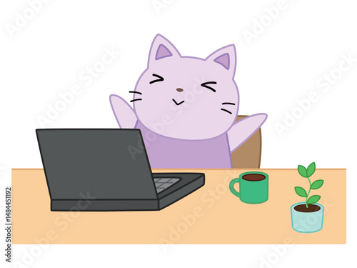 仕事が終わって伸びをするネコ　主線あり