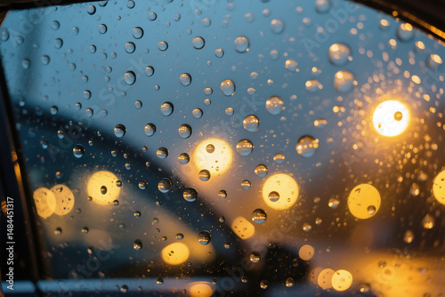 Rain drops on a car window with blurred city lights at night creating a dreamy and reflective mood