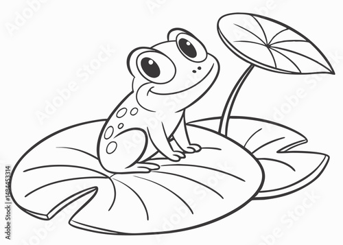 Cute frog sitting on the lotus leaf cartoon outline coloring page for kids