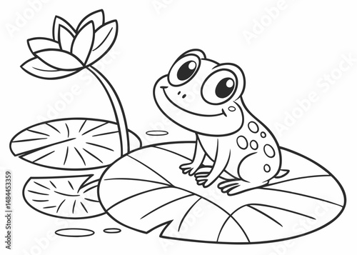 Cute frog sitting on the lotus leaf cartoon outline coloring page for kids