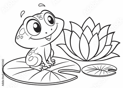 Cute frog sitting on the lotus leaf cartoon outline coloring page for kids