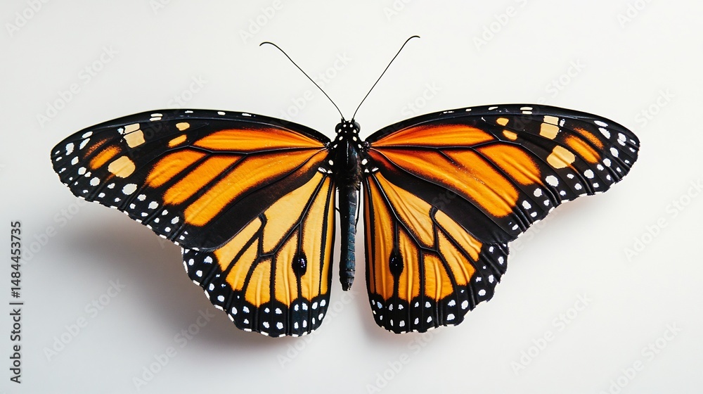 Fototapeta premium Elegant monarch butterfly with open wings symmetrical pattern displayed on a plain white backdrop high quality macro shot with vibrant colors overlay cut out on isolated transparent removed background