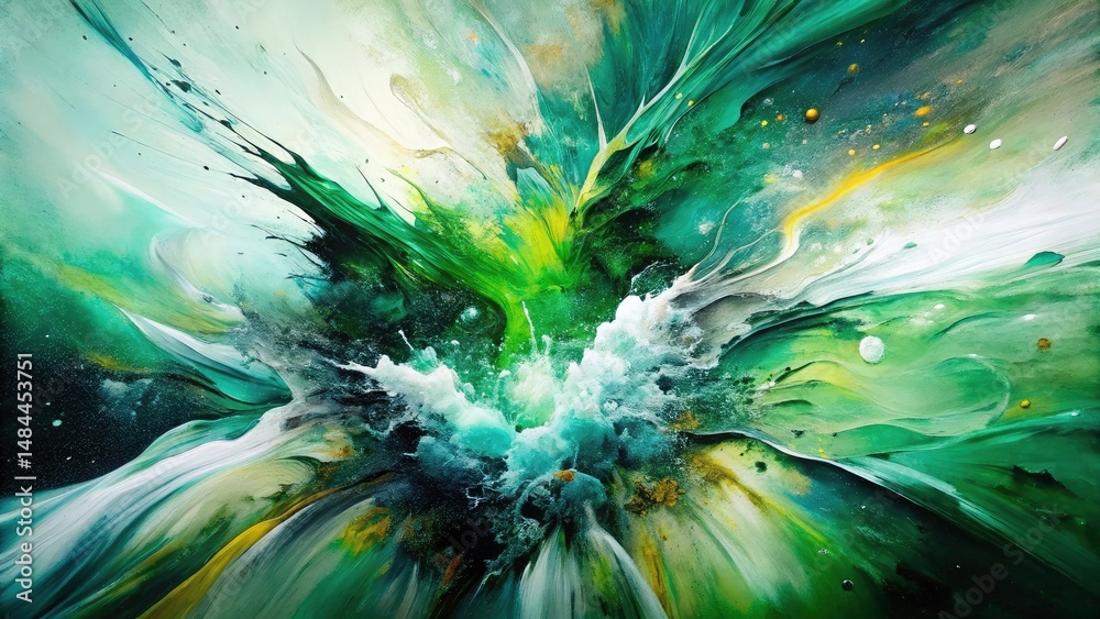 Obraz premium Surreal Green White Abstract Painting, Dynamic Brushstrokes, Expressive Art, Modern Canvas