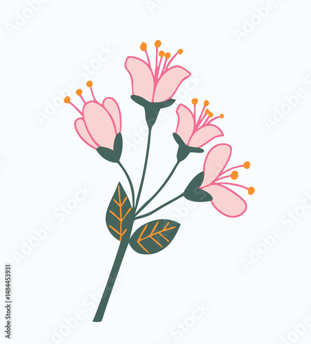 Delicate floral illustration featuring pink blooming flowers and green leaves on white background