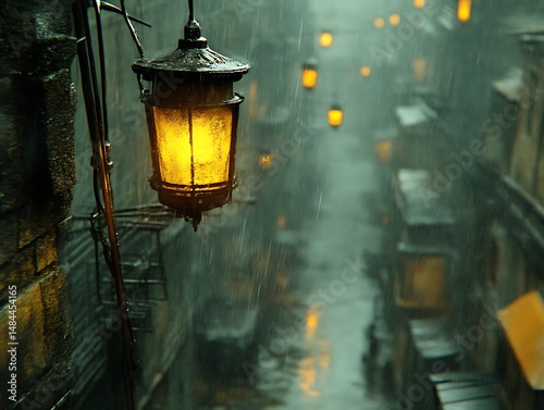Rainy City Street with Lantern
