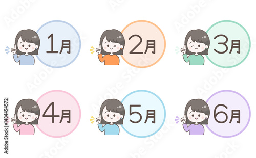 かわいいカレンダーロゴと女性のイラストセット