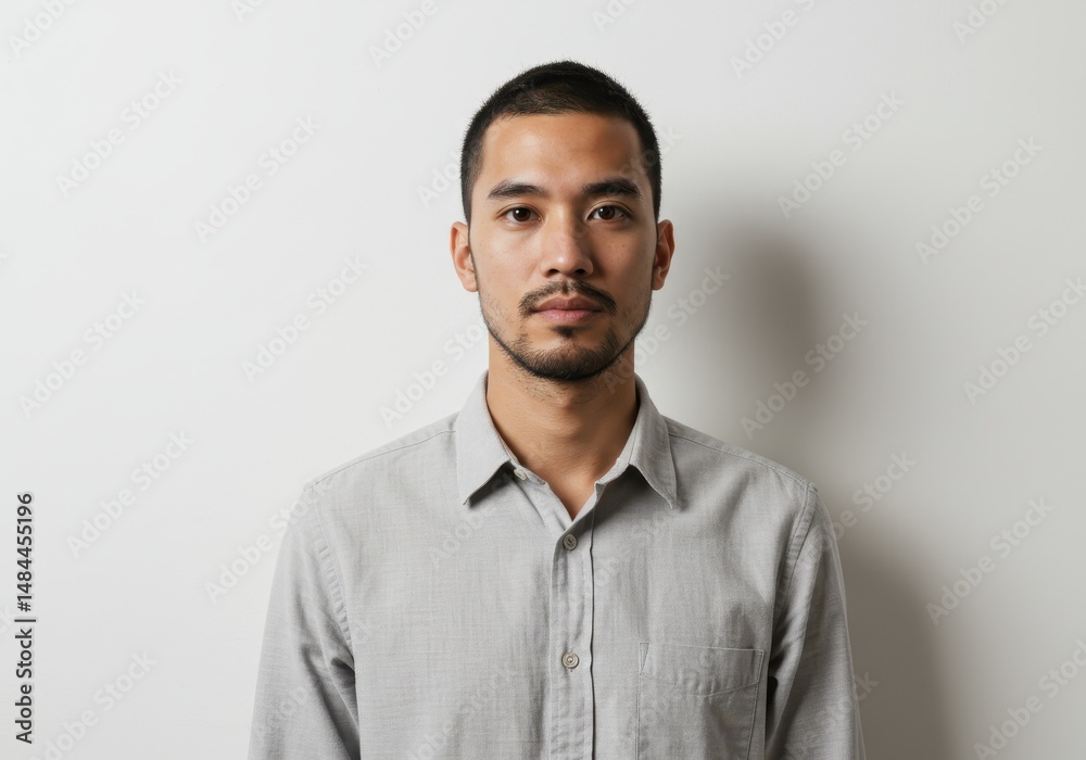 Portrait of a young man with beard in a gray shirt against a white background Portrait of a young man with beard in a gray shirt against a white background