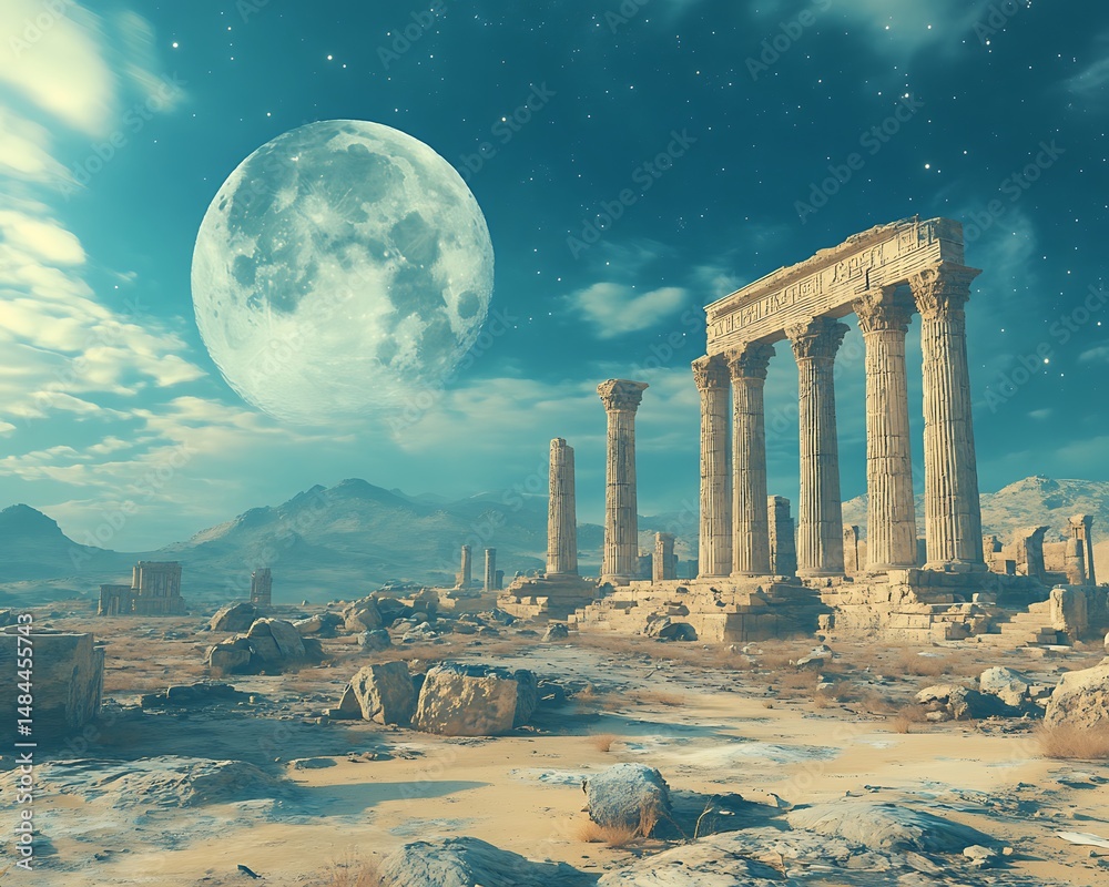 Fototapeta premium Ancient Ruins with Moonlit Desert.