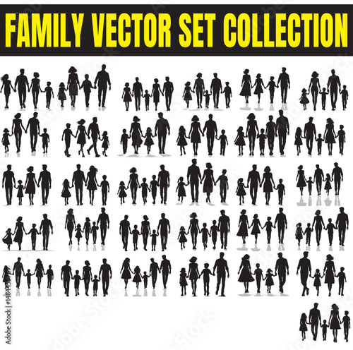 set of Silhouette of a Family Walking Together, Man, Woman, Boy, and Girl