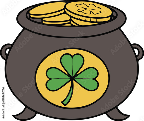 Pot of Gold with Clover and Coins - St. Patrick's Day Theme
