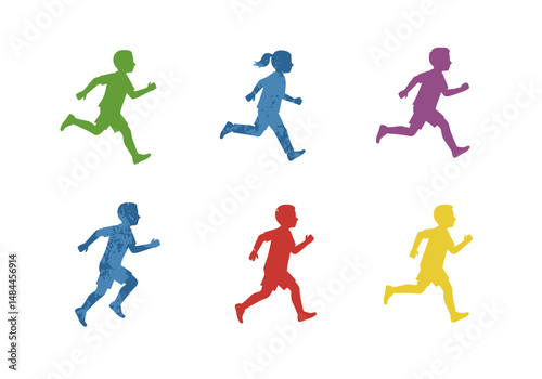 Colorful Running Children Silhouettes with Textured Surfaces and Dynamic Poses