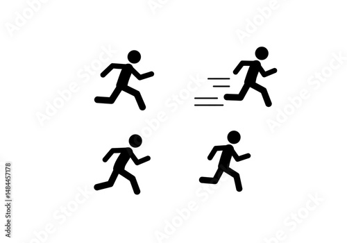 Four black stick figures in running poses one with speed lines