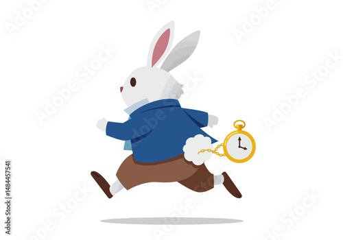 Animated White Rabbit Running with a Gold Pocket Watch on a Chain