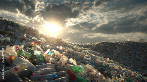 Wide shot of landfill site filled with thousands of plastic bottles, sunlight hitting translucent plastic waste, urgent climate awareness theme photo