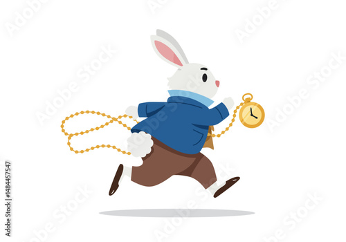 Animated White Rabbit Running with Pocket Watch Late for Something