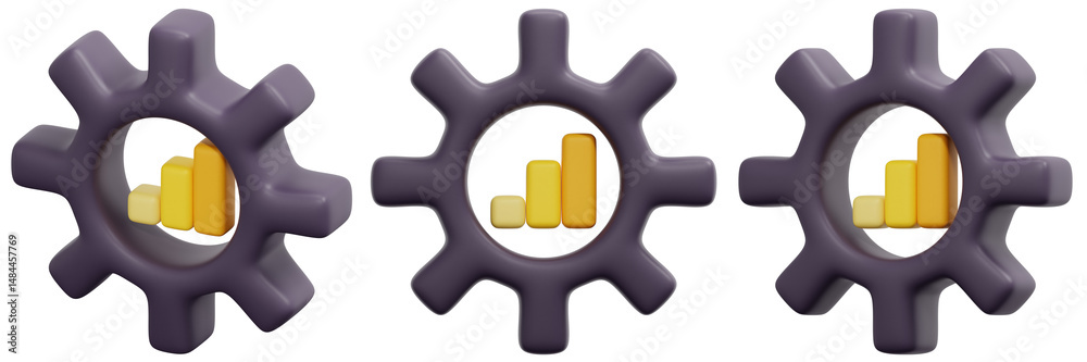 Obraz premium Set of 3D Purple Cog Wheels with Yellow Bar Graph 3d Render Icon Illustration