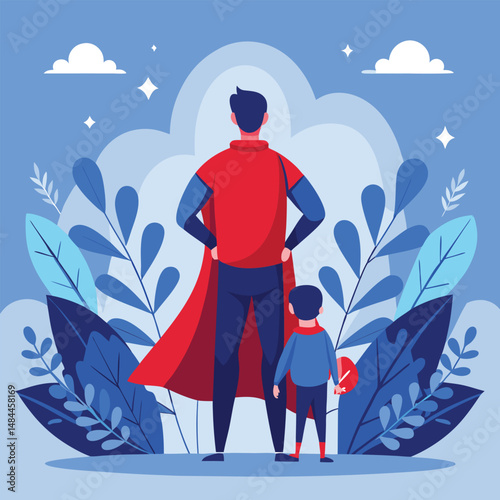 Father and son superheroes standing together against a blue and white floral background