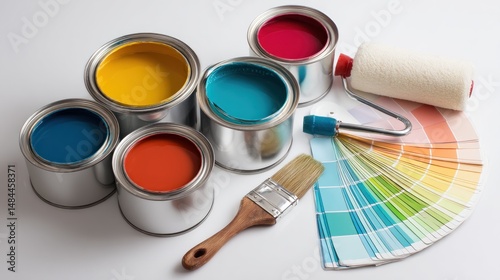 Paint supplies for home renovation project.  Various paint colors, roller, paintbrush, and color chart are displayed photo