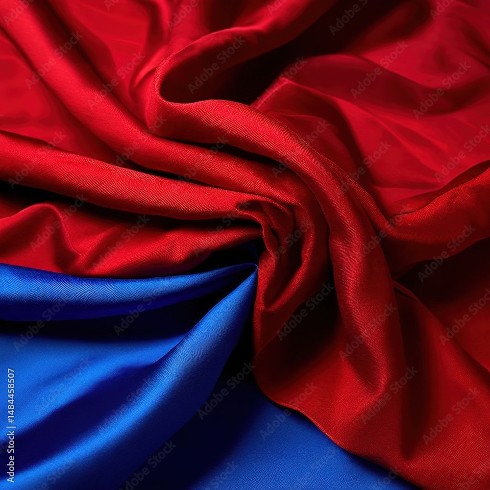 an AI Image Generator, Vibrant Drapery Featuring Bold Red and Blue Satin Textiles