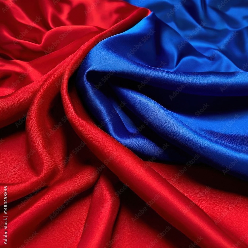 an AI Image Generator, Vibrant Drapery Featuring Bold Red and Blue Satin Textiles an AI Image Generator, Vibrant Drapery Featuring Bold Red and Blue Satin Textiles