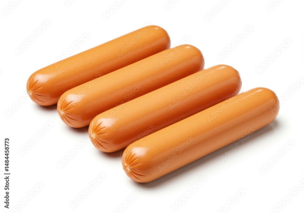 Four uncooked sausages are aligned on a white surface ready for preparation Four uncooked sausages are aligned on a white surface ready for preparation