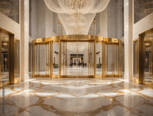 Elegant Hotel Lobby with Revolving Doors, Chandelier and Marble Floors