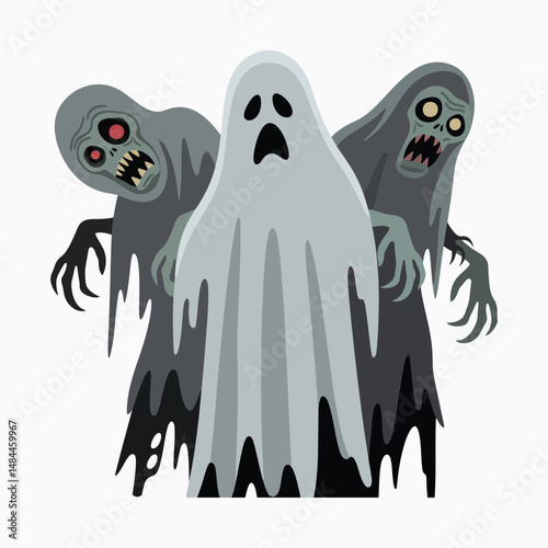 Three cartoon ghosts with spooky faces isolated on a white background halloween theme