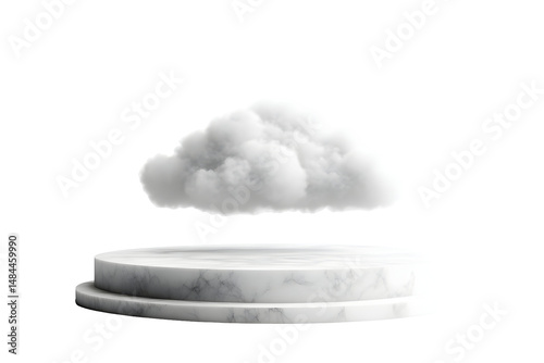 Ethereal cloudscape composition with marble podium and black backdrop