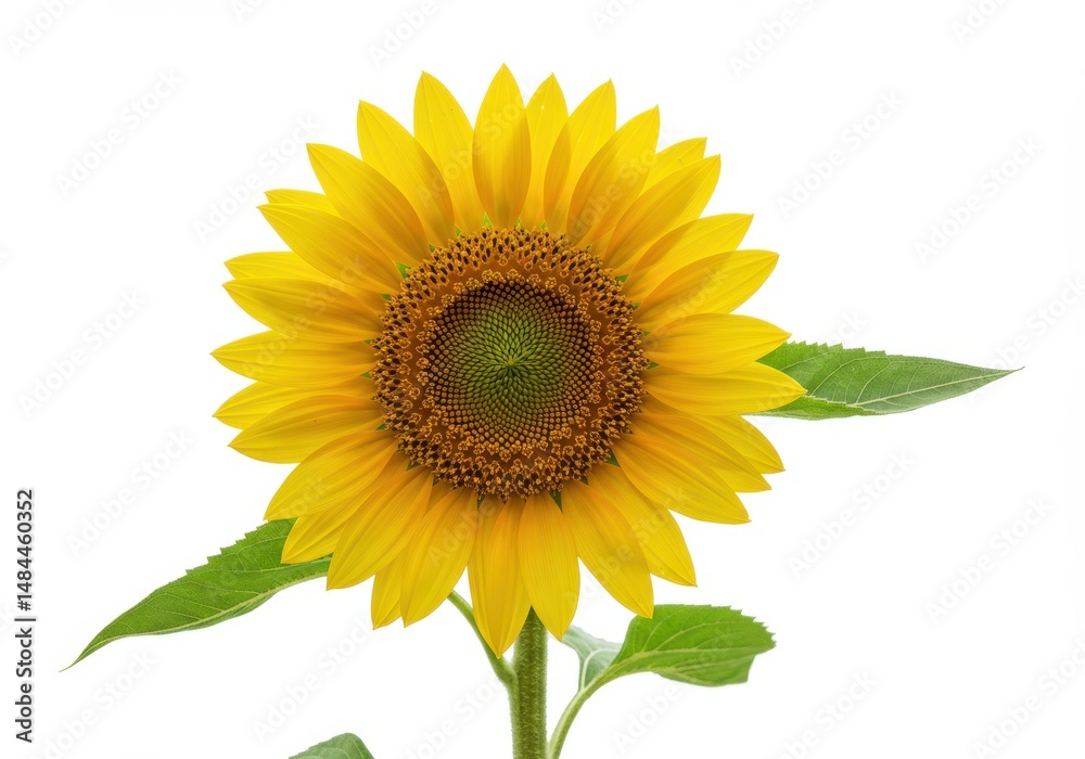 Obraz premium A vibrant yellow sunflower with green leaves stands out against a white background