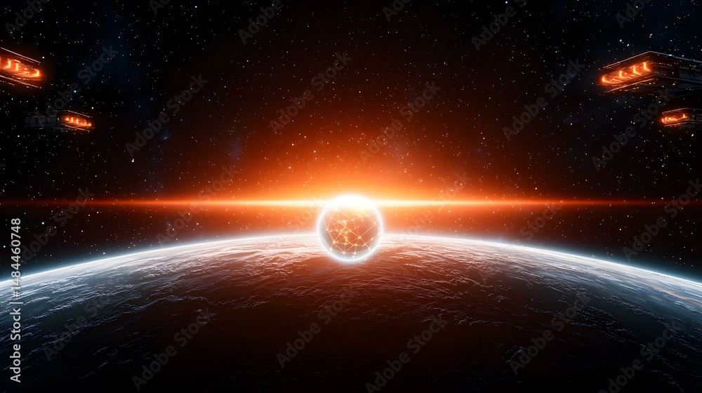 Obraz premium A glowing network sphere hangs in space above a dark planet, with several futuristic spaceships visible in the distance, all bathed in the warm light of a nearby star.