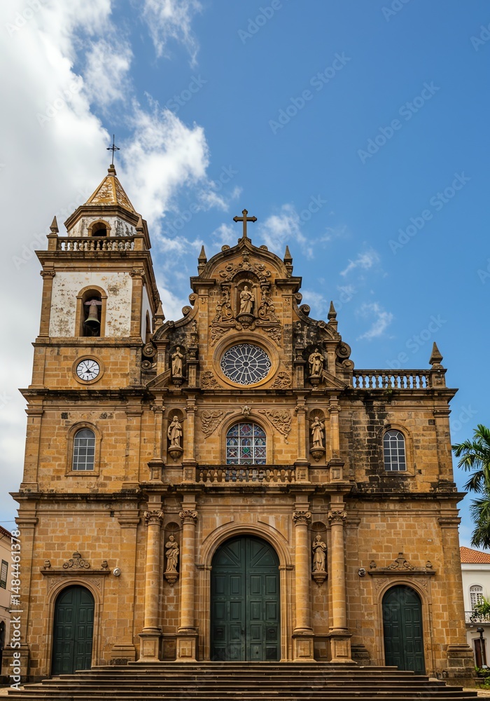Fototapeta premium Baroque Church Facade: Sunlit Stone and Intricate Detail