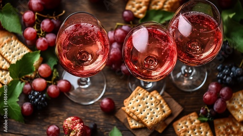 Rose Wine with Grapes and Crackers on a Wooden Table