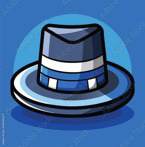 Stylish cartoon illustration of a blue fedora hat against a vibrant blue background