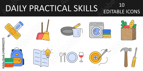 Daily practical skills icon set – essential life skill symbols like cooking, laundry, first aid, sewing, grocery shopping, cleaning, and basic repairs for home and student routines.