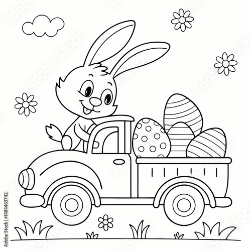 Easter bunny rides a truck with Easter eggs coloring page. Easter coloring page for kids