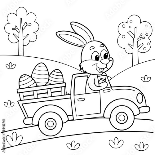 Easter bunny rides a truck with Easter eggs coloring page. Easter coloring page for kids