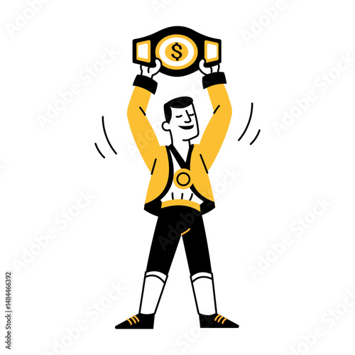 A doodle style illustration showing wrestling winner holding belt 