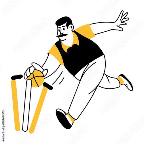 A doodle style illustration showing bowler hitting wickets 
