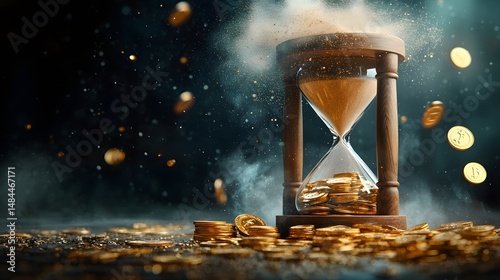Golden coins turning to dust as they pass through an hourglass symbolizing the rapid erosion of wealth and the transient nature of material prosperity over time