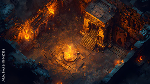 Cursed dungeon with demonic symbols carved into the stone, flickering flames, and dark spirits lurking in the corners. [Volcanic Temples] | Flame Relic | scorched idol. Illustration