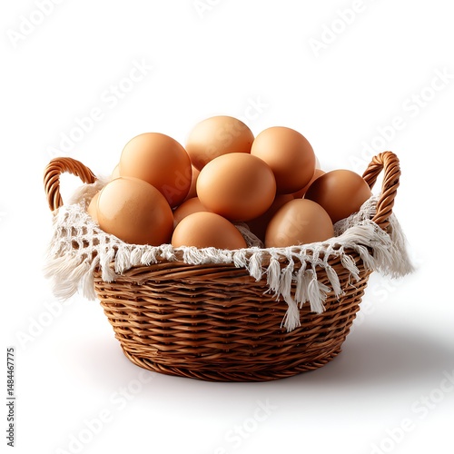 Gathering fresh eggs in a rustic basket kitchen food photography bright white background close-up culinary delight