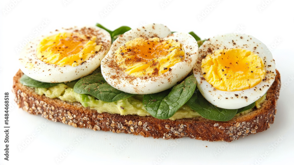 A healthy toast with avocado, egg slices, spinach, and spices is plated for a balanced breakfast on a white background. A healthy toast with avocado, egg slices, spinach, and spices is plated for a balanced breakfast on a white background.