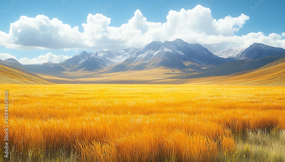 Obraz premium Golden field, mountains, sunny sky