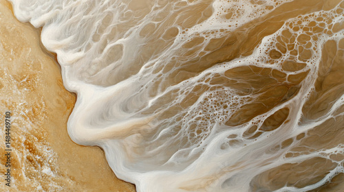 A minimalist abstract oil painting featuring smooth textures of alabaster paste and sand grains, with flowing, curved strokes evoking an aerial perspective of waves washing onto a brown beach.  photo