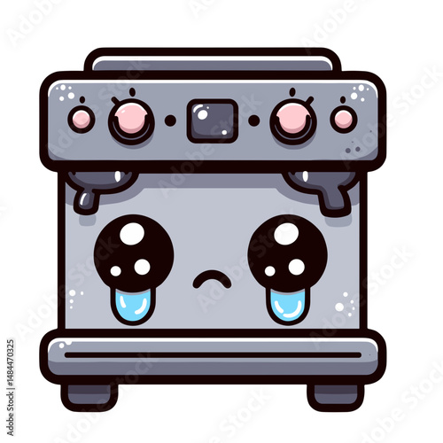 Cute coffee machine with sad expression in kawaii style  
