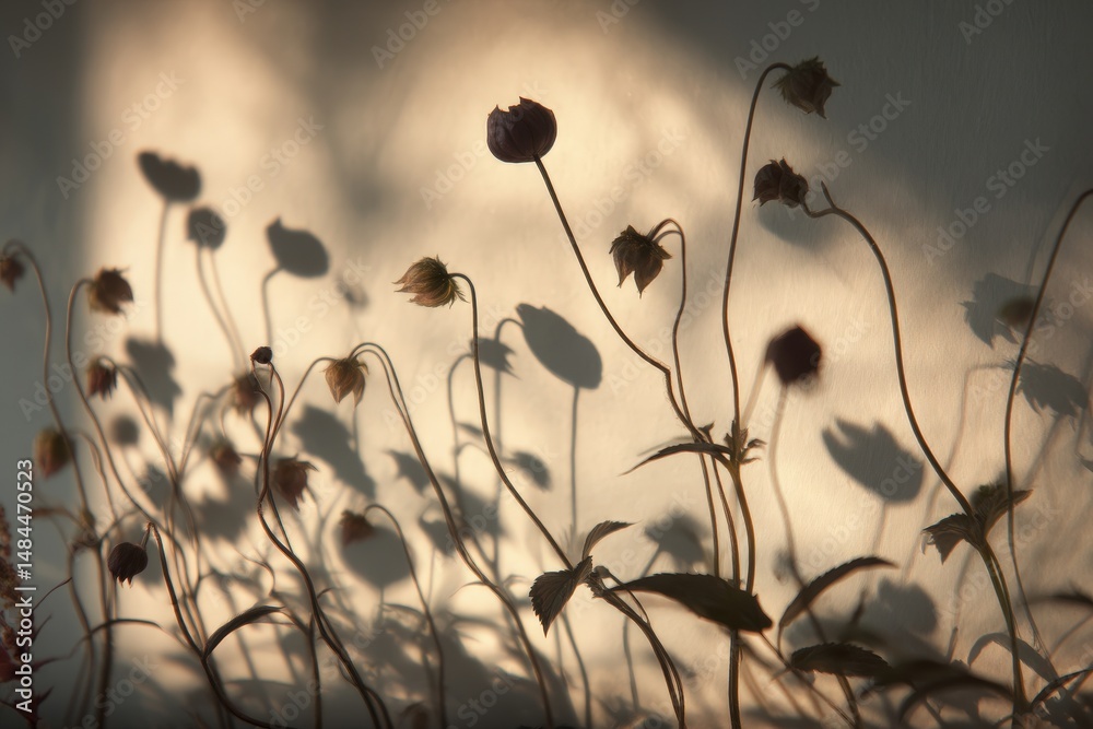 Obraz premium Silhouettes of withered plants cast on a pale wall.